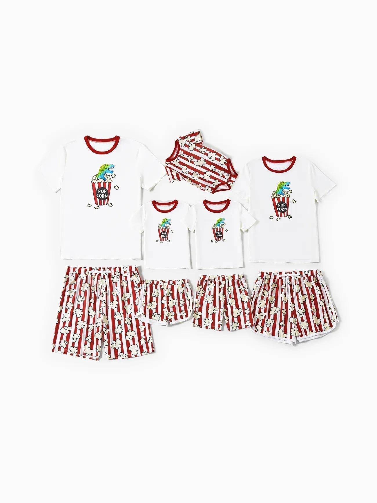 Family Matching Popcorn Pattern Top And Stripe Shorts Set
