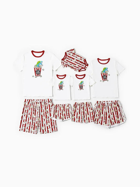 Family Matching Popcorn Pattern Top And Stripe Shorts Set