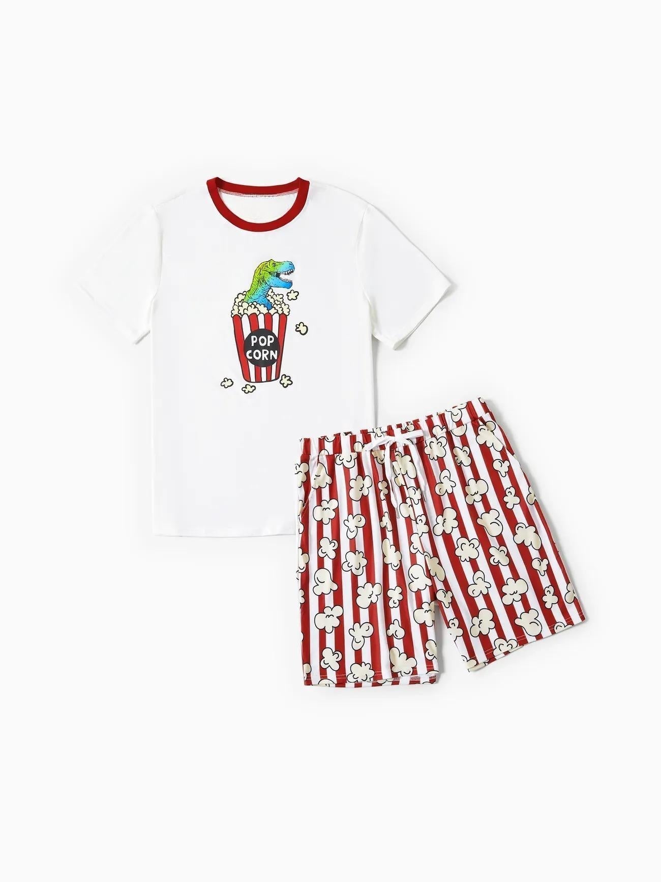 Family Matching Popcorn Pattern Top And Stripe Shorts Set
