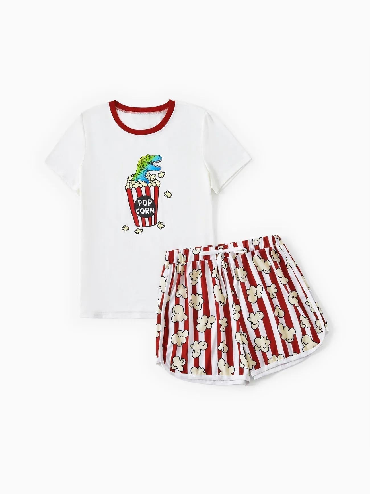 Family Matching Popcorn Pattern Top And Stripe Shorts Set
