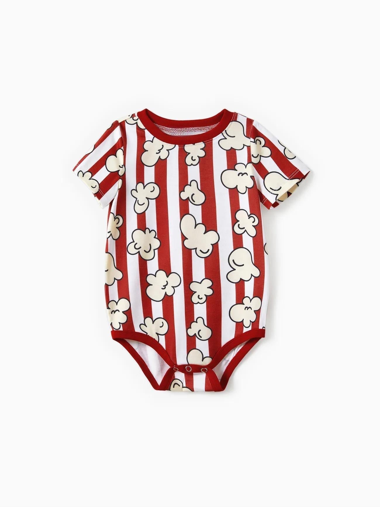 Family Matching Popcorn Pattern Top And Stripe Shorts Set