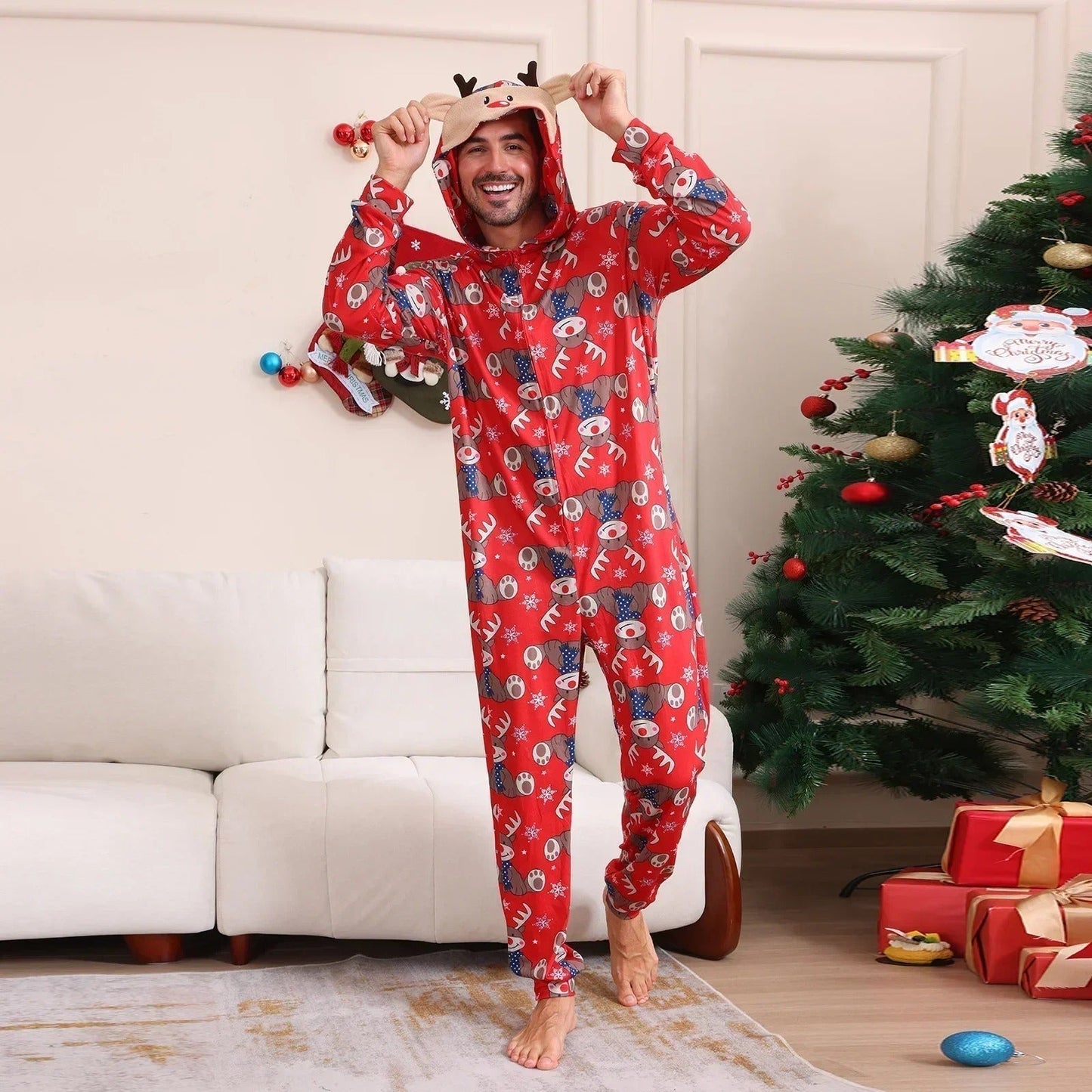 Christmas Themed Family Matching Onesie Hooded Pajama Set