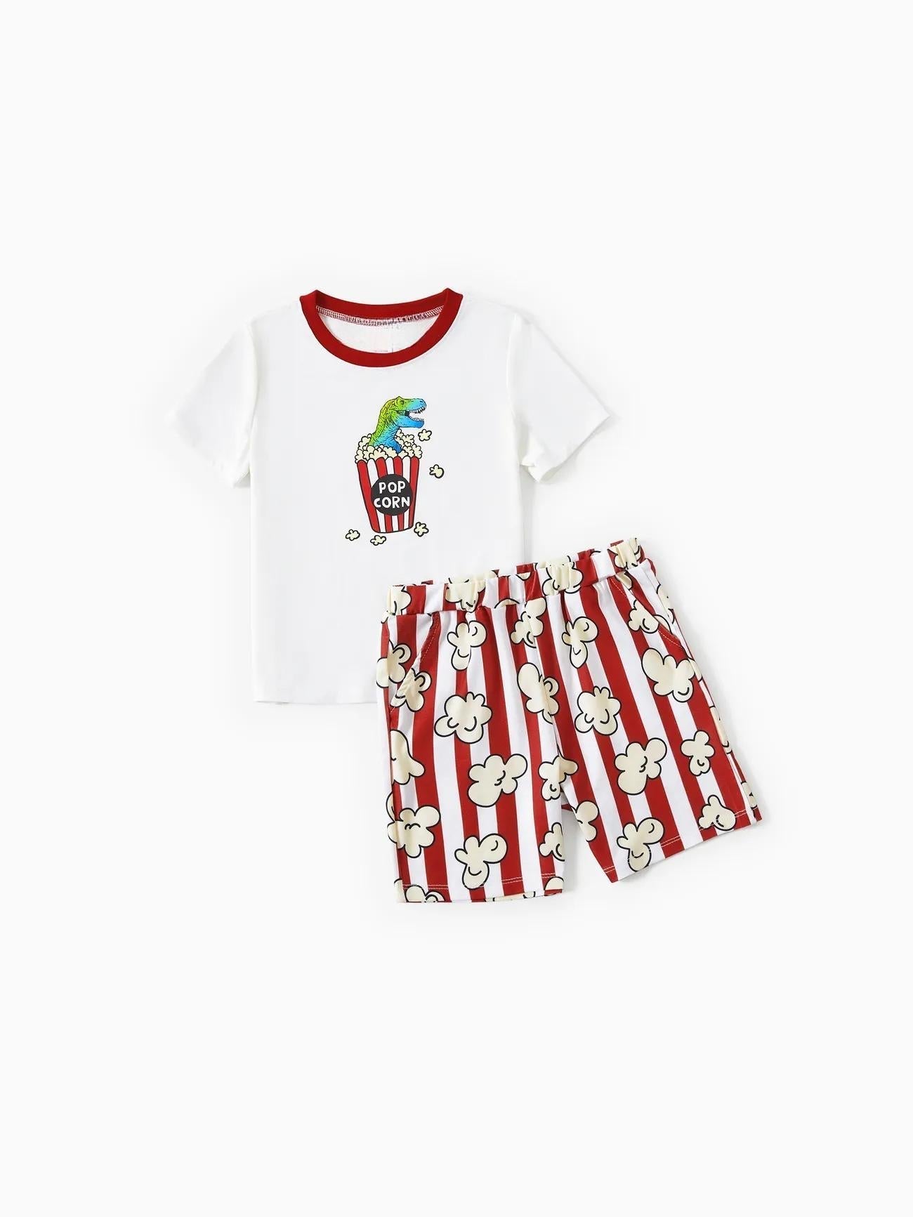 Family Matching Popcorn Pattern Top And Stripe Shorts Set