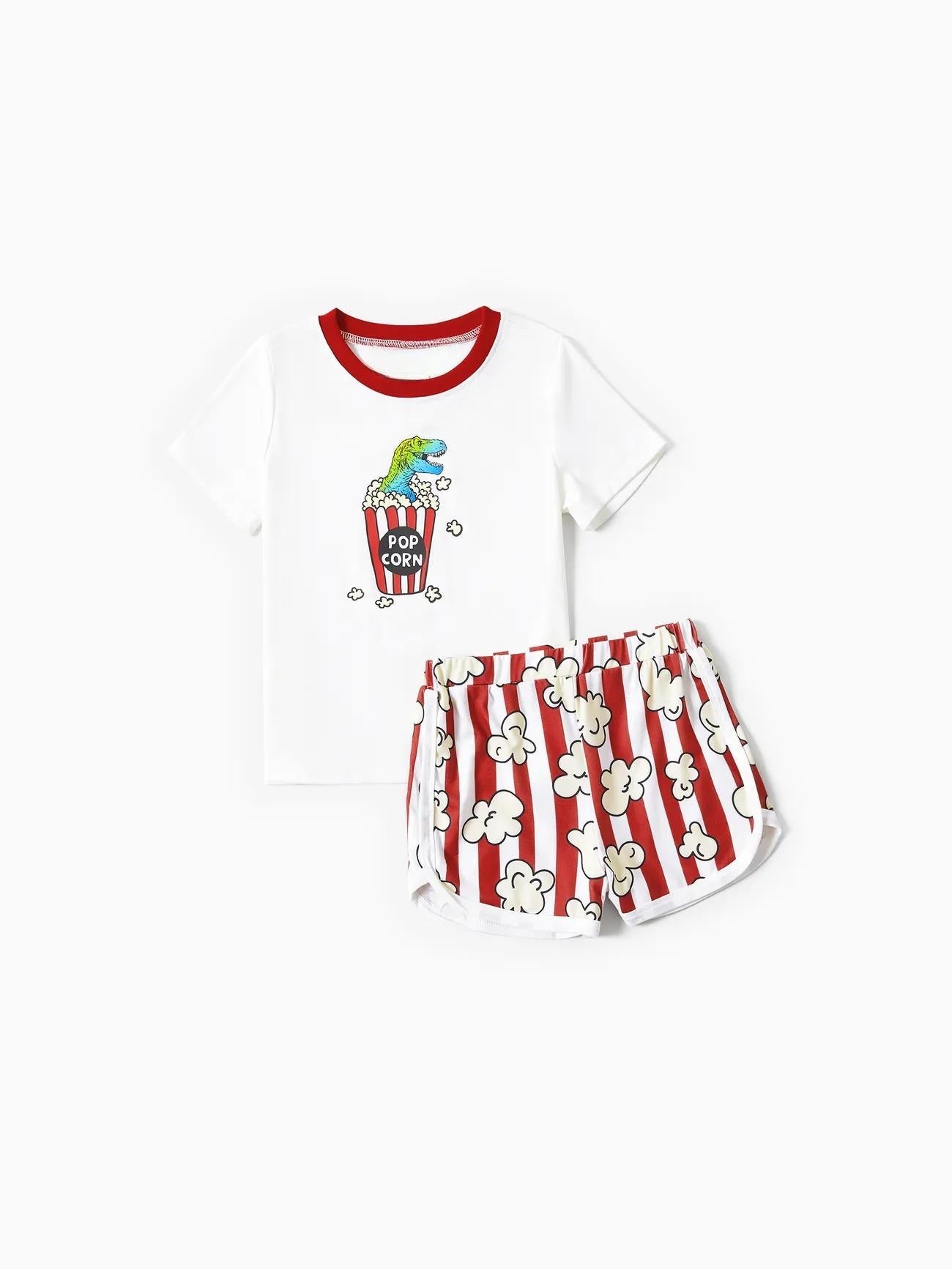 Family Matching Popcorn Pattern Top And Stripe Shorts Set